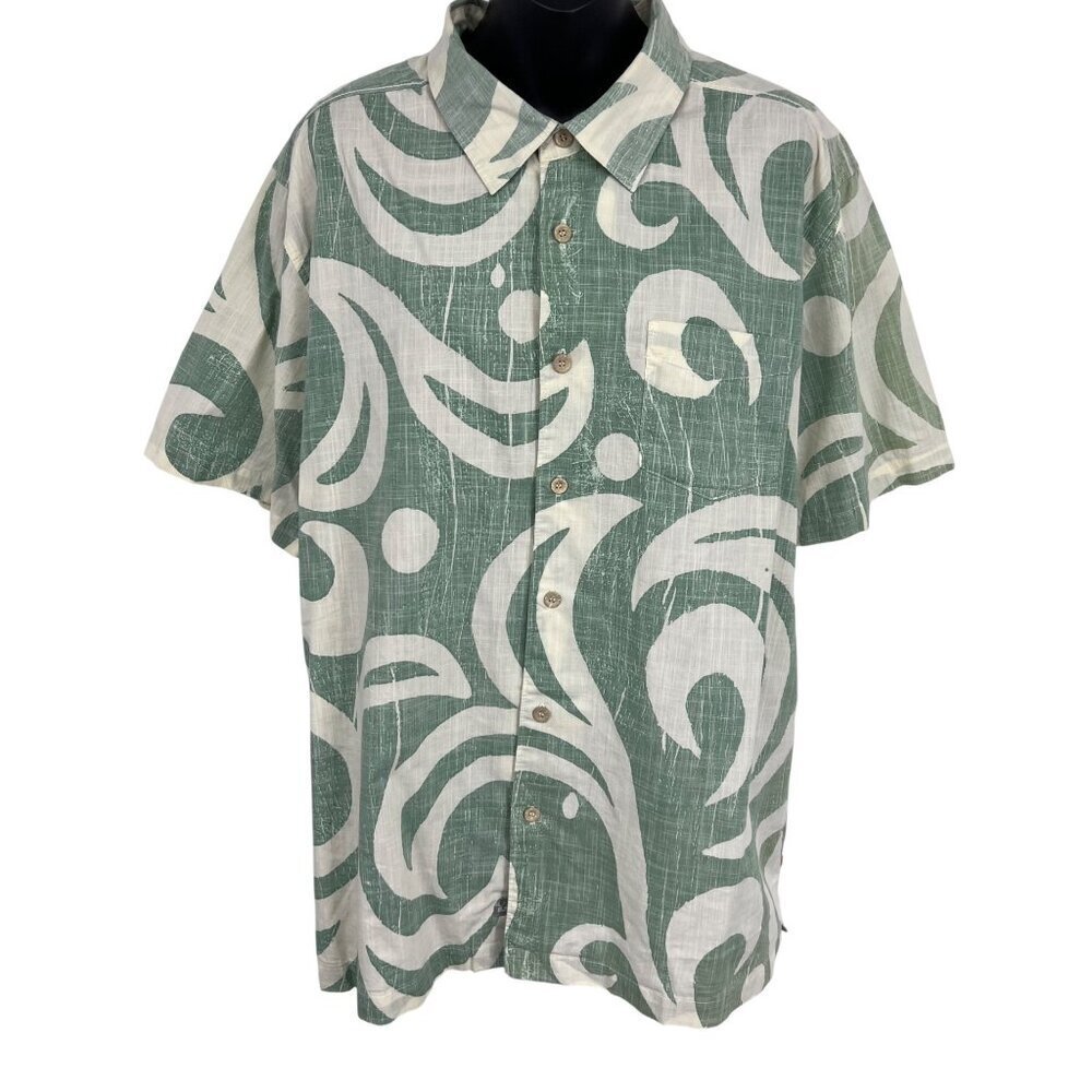 Quiksilver Size Large Mens Green White Abstract Hawaiian Aloha Button-Up Shirt